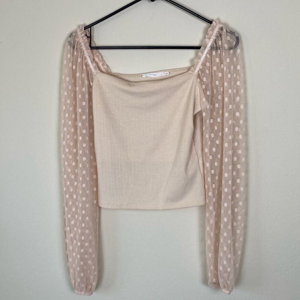 Lush Cream Ribbed Square Neck Top Sheer Swiss Dot Balloon Sleeve Size Small(G10)